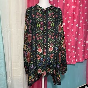 Johnny Was Size XXL Black Multi Floral 100% Silk Button Front Blouse